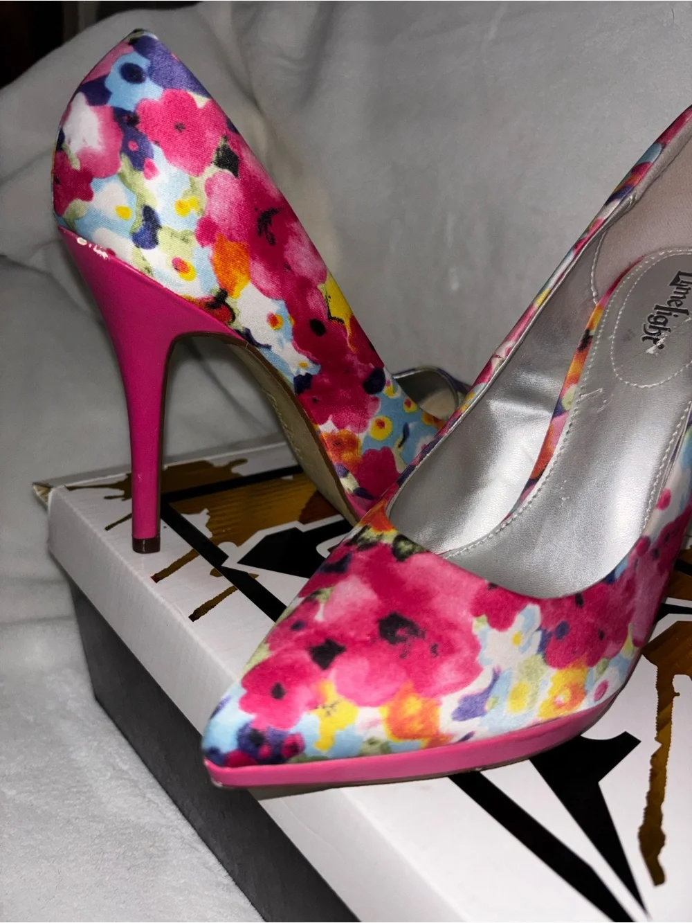 Limelight Pink Floral Satin Pointed Toe Stilettos